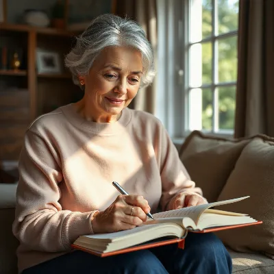 Senior woman writing her life story in a journal with warm, inviting light